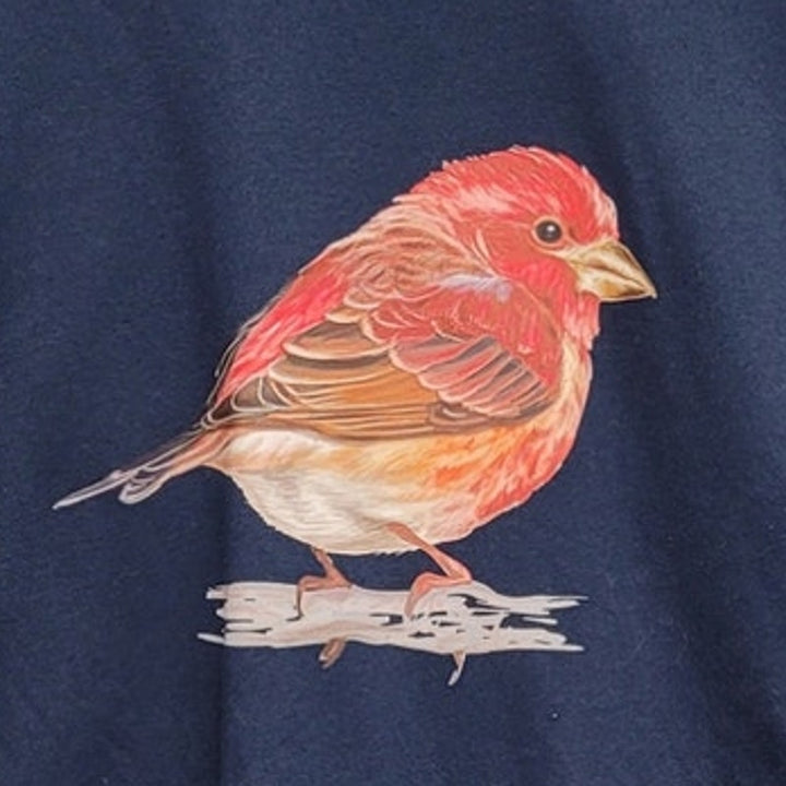 Hand Printed Upcycled Mens Medium Red Finch Bird PolyCotton Crew Neck Tee