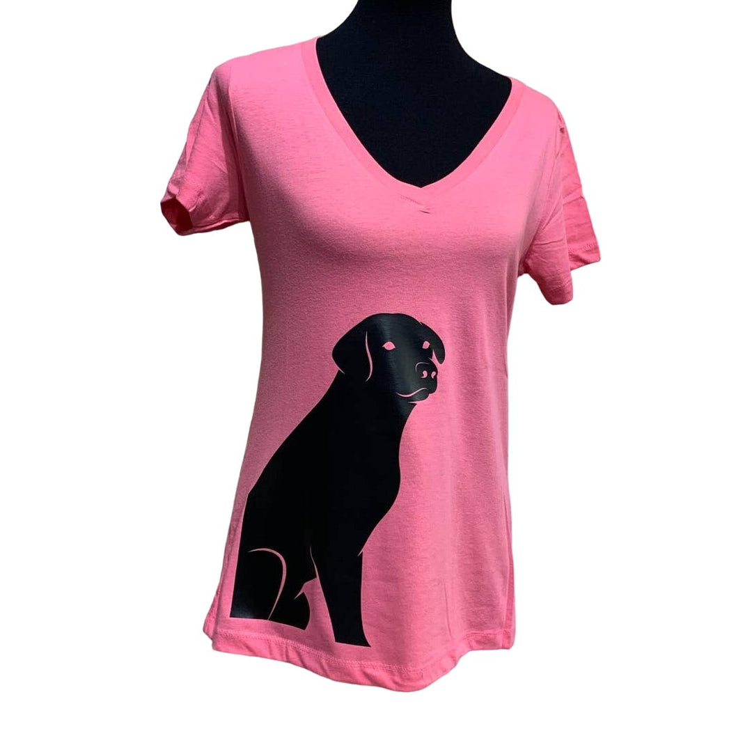 New Womens Medium Hand Printed Black Lab Puppy Dog V-Neck Cotton Blend Tee Shirt