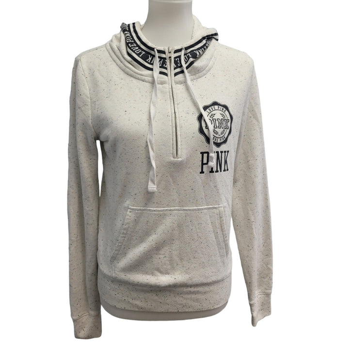 Pink Womens Small PolyCotton Confetti Quarter Zip Hooded Pullover Sweatshirt