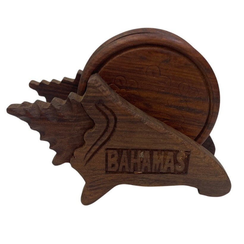 Set of 6 Vintage Carved Dark Walnut Wood Bahamas Drink Coasters Seashell Holder