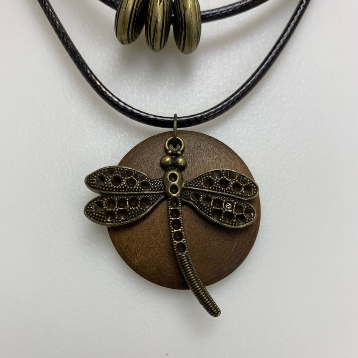 New Bronzed Dragonfly Wood Disc Black Corded Boho Necklace in Red Gift Box