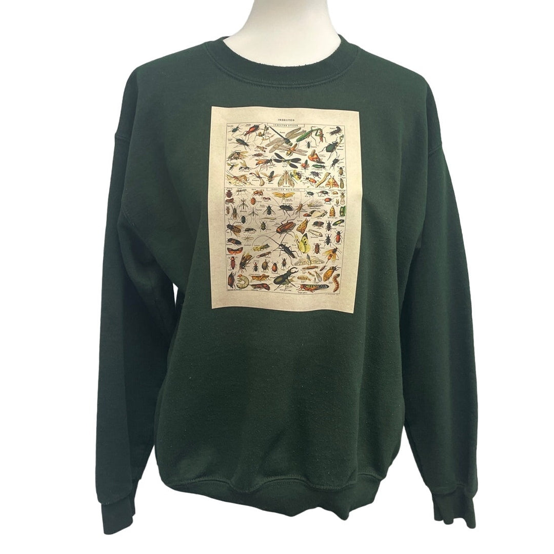 Hand Printed Upcycled Mens Medium Vintage Reference Book Insect Crew Sweatshirt