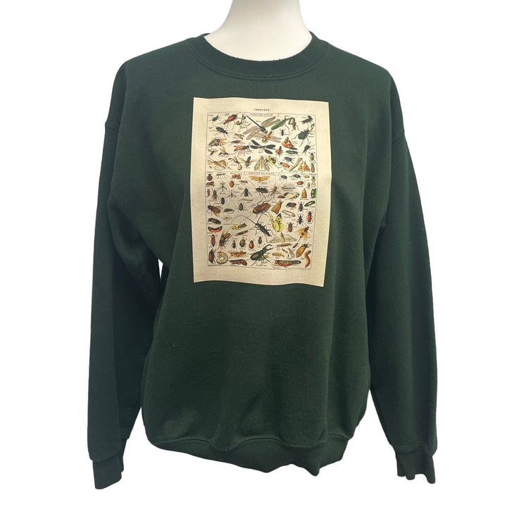 Hand Printed Upcycled Mens Medium Vintage Reference Book Insect Crew Sweatshirt