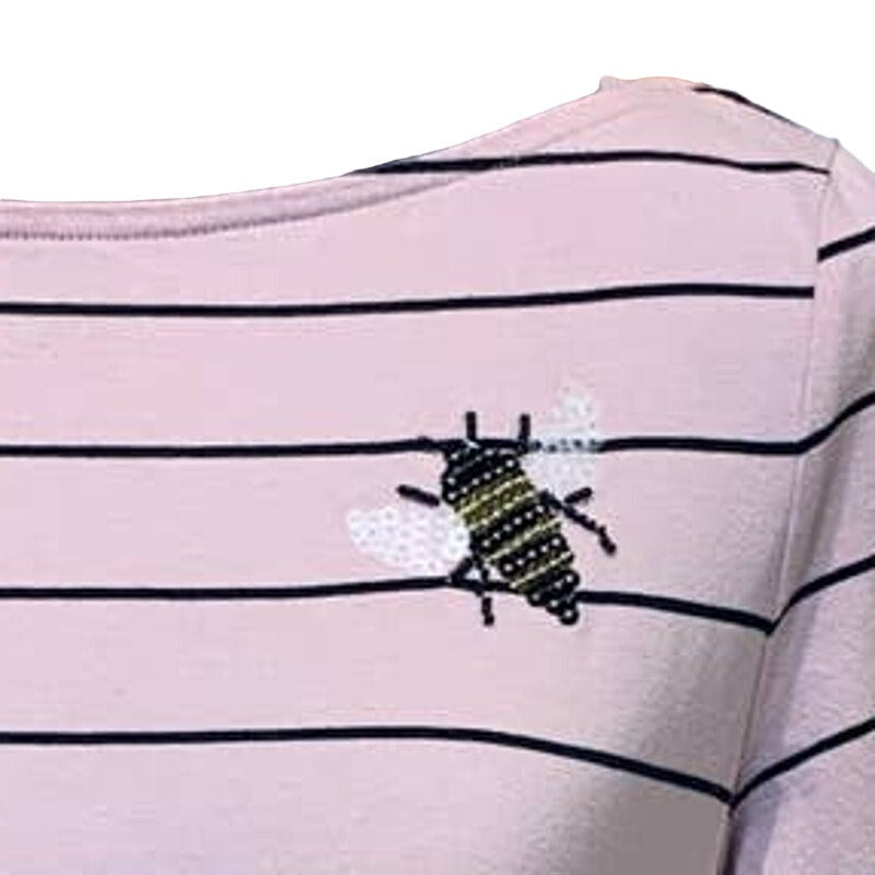 A New Day Womens Medium Buzzy Sequin Bee Pale Pink Striped PolyCotton Tee