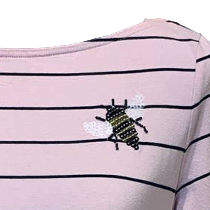 A New Day Womens Medium Buzzy Sequin Bee Pale Pink Striped PolyCotton Tee