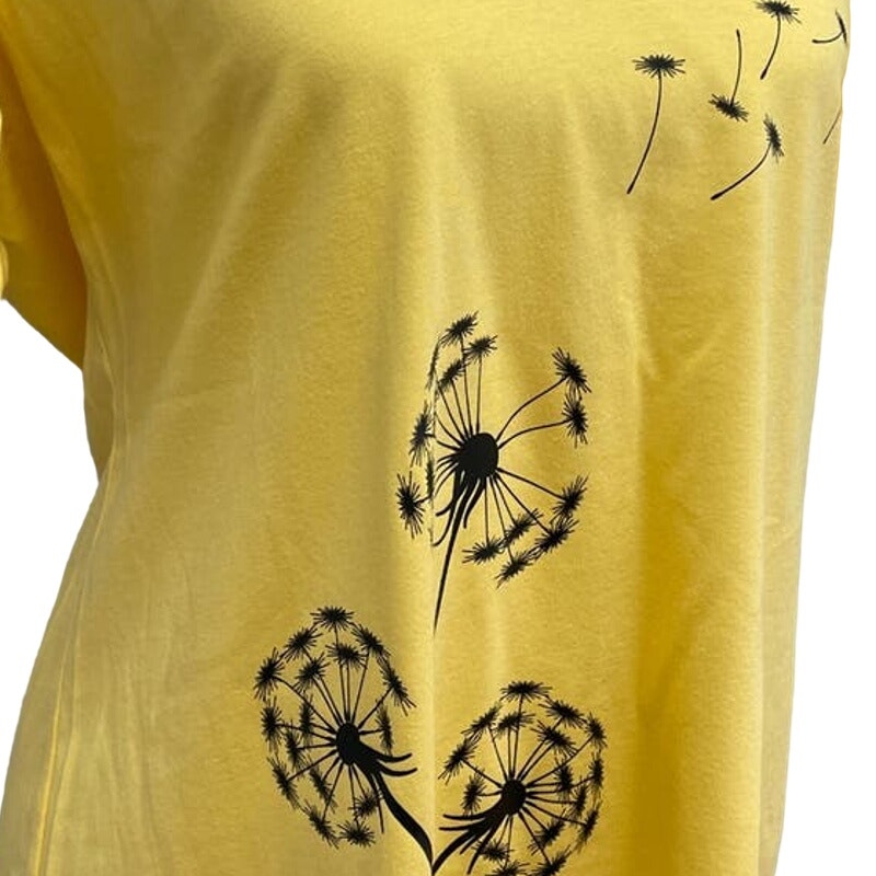 New Hand Printed Dandelion Womens XL Cotton Blend Short Sleeve VNeck Tee