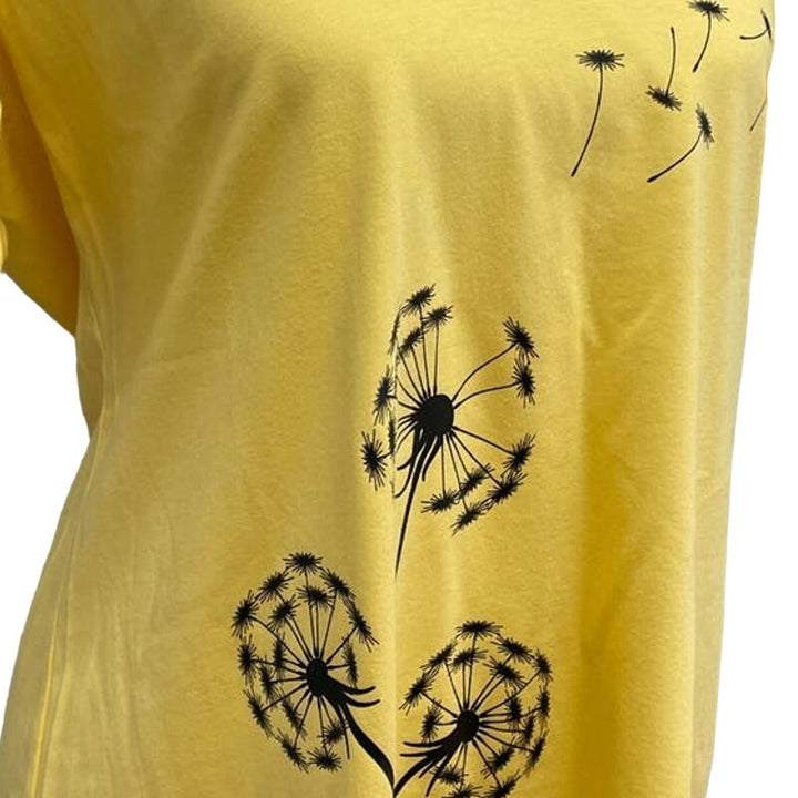 New Hand Printed Dandelion Womens XL Cotton Blend Short Sleeve VNeck Tee