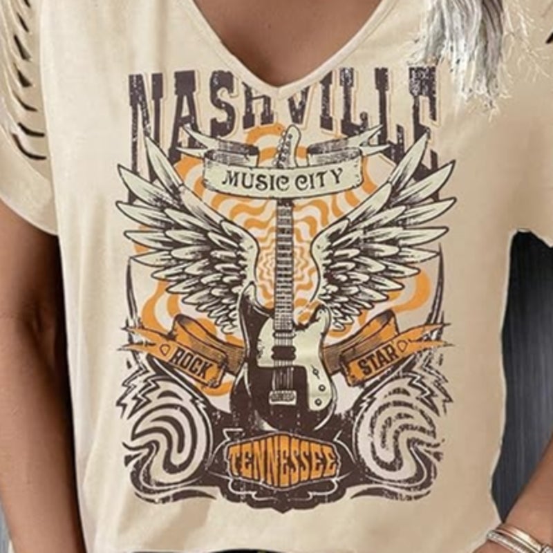 Lanmertree Womens 2XL Nashville Tennessee Music City Short Sleeve Cut Out Top