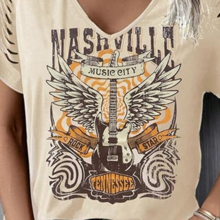 Lanmertree Womens 2XL Nashville Tennessee Music City Short Sleeve Cut Out Top