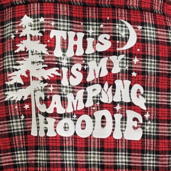 New Hand Printed Womens Medium This is My Camping Hoodie Flannel Button Up Shirt