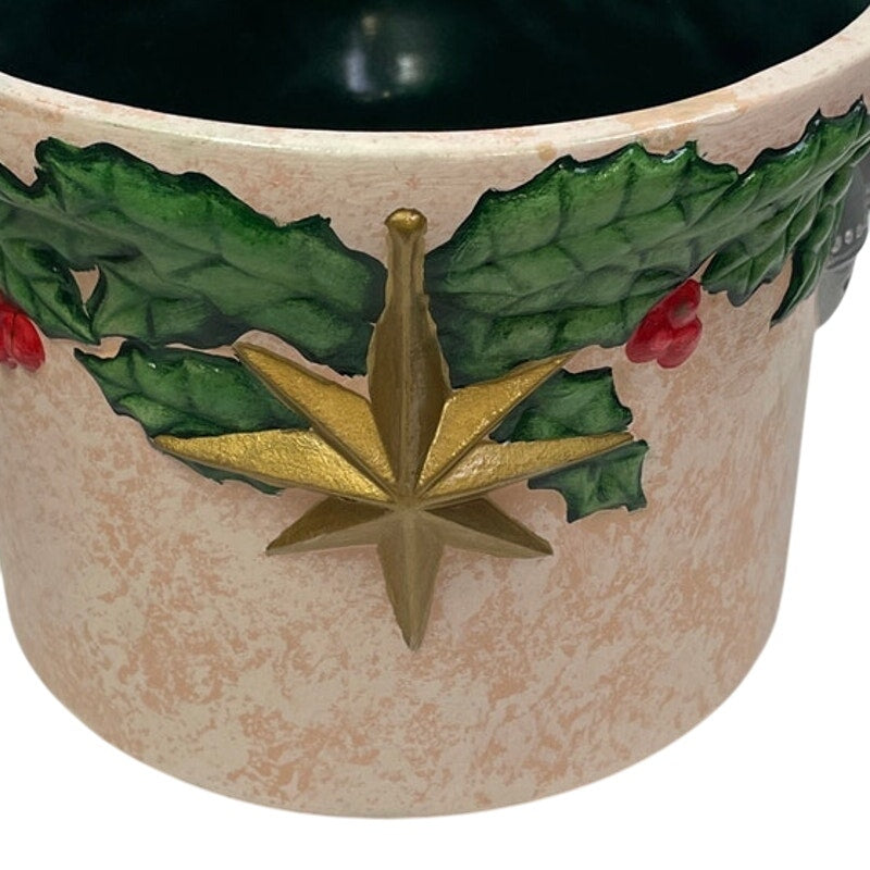 Vintage 2000 Hand Painted Christmas Ornament Holly Star Ceramic Plant Pot