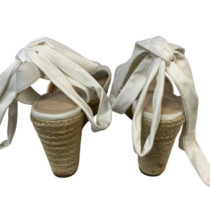 Fashare Womens Size 9 White Faux Suede 4" Wedge Heel Espadrille Ankle Wrap Shoes