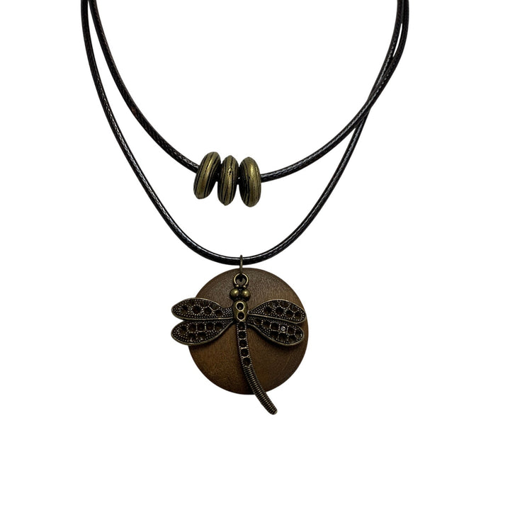 New Bronzed Dragonfly Wood Disc Black Corded Boho Necklace in Red Gift Box