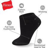 10-Pack Hanes Womens 5-9 US Black No Show Soft Moisture Wicking Socks
