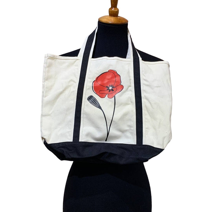Hand Printed Upcycled Red Poppy Flower Small Cotton Canvas Tote Bag Purse