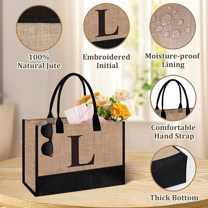 New Itotegifts Initial "L" Large Jute Tote Bag With &amp; Makeup Bag Zipper Pouch