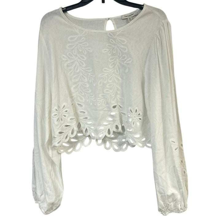 New Francescas Womens XL White Scalloped Edge Long Sleeve Linen Blend Crop Top