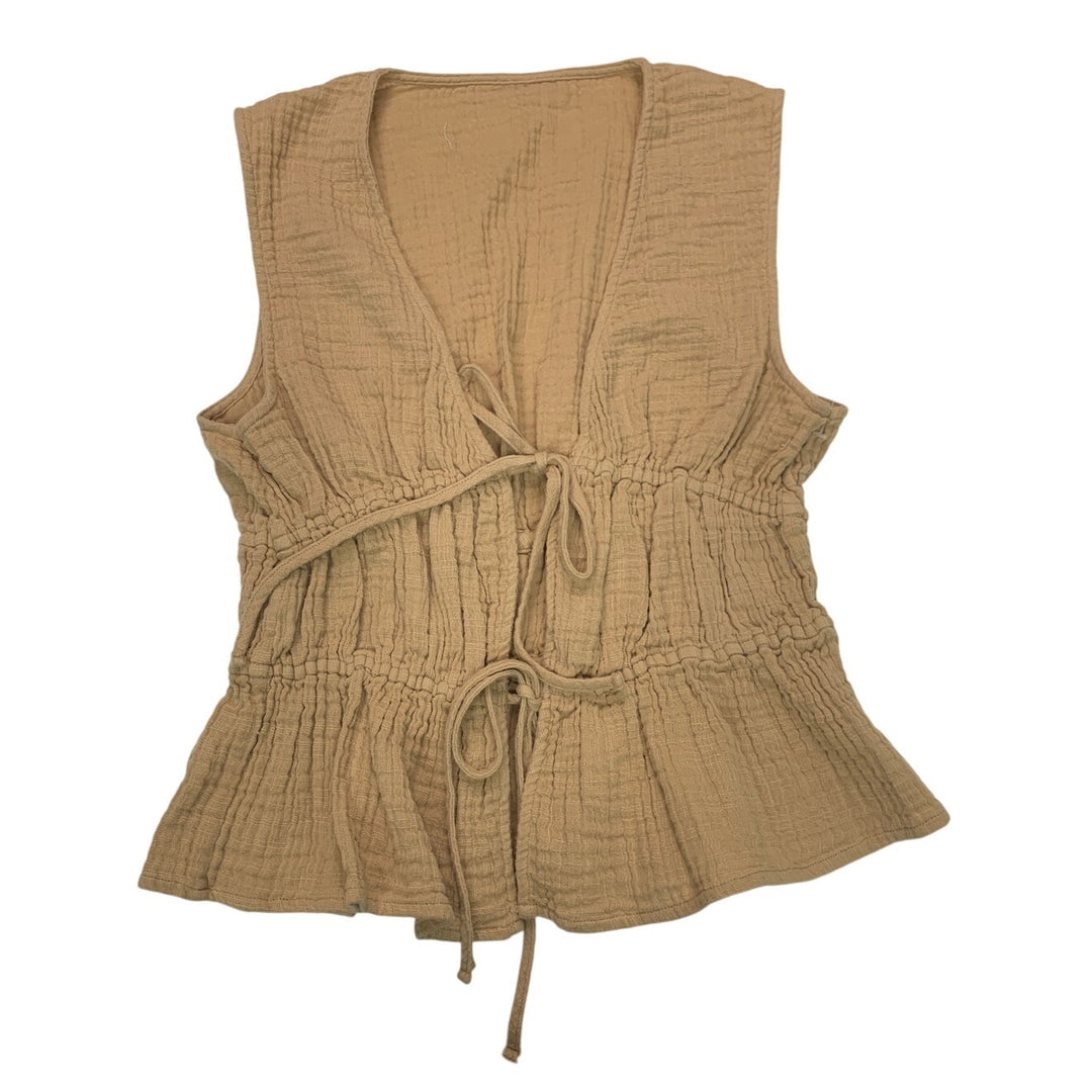 New Aerie Womens Small 100% Cotton Open Tie Front Camel Sleeveless Tank Top