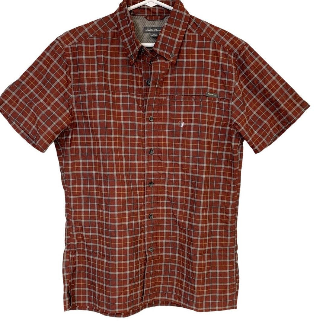 New Eddie Bauer Mens Small Short Sleeve Rainier Russet Plaid Button Up Shirt