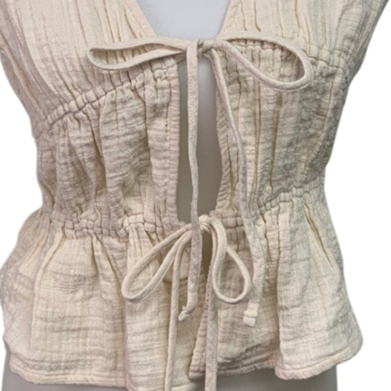 New Aerie Womens Small 100% Cotton Open Tie Front Gauzy Sleeveless Tank Top
