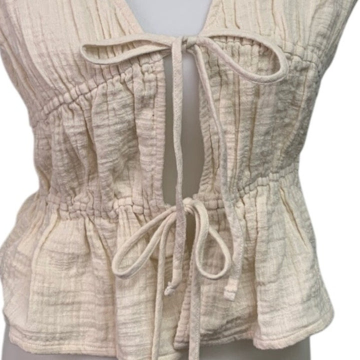 New Aerie Womens Small 100% Cotton Open Tie Front Gauzy Sleeveless Tank Top