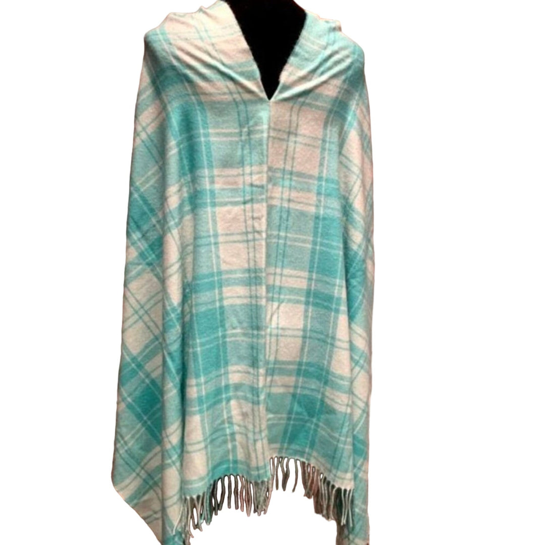 Handmade Upcycled 100% Acrylic Asymmetrical Warm Plaid Boat Neck Poncho Wrap