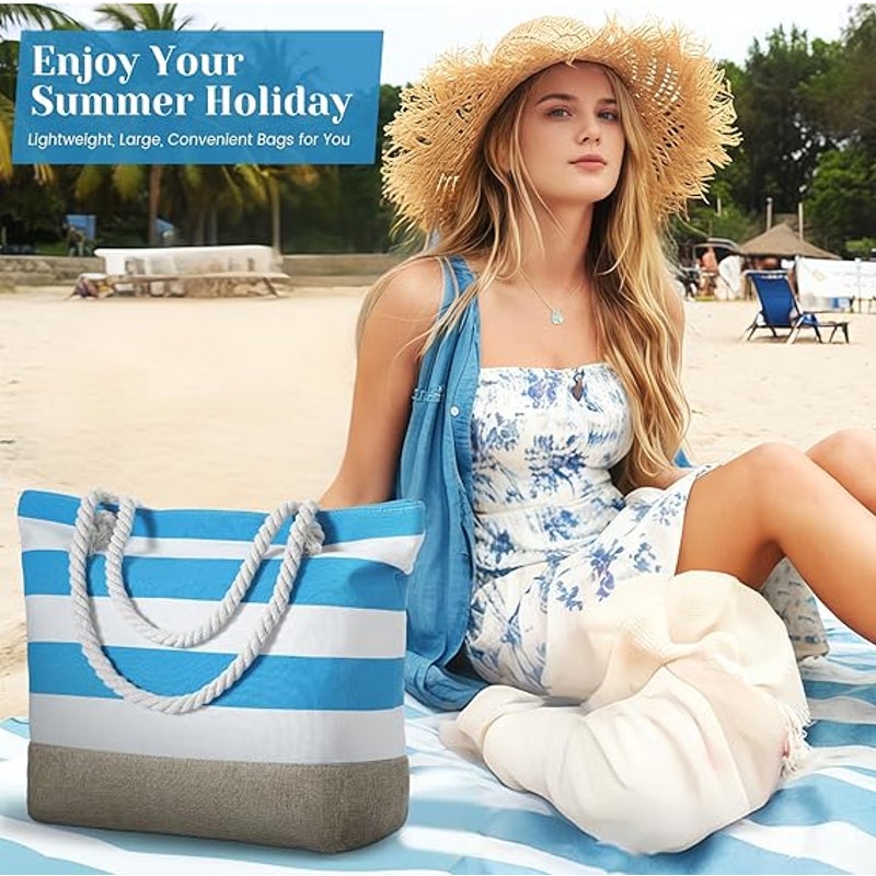 New Tavaleu Blue White Stripe Polyester Canvas Rope Handle Zip Shut Tote Bag