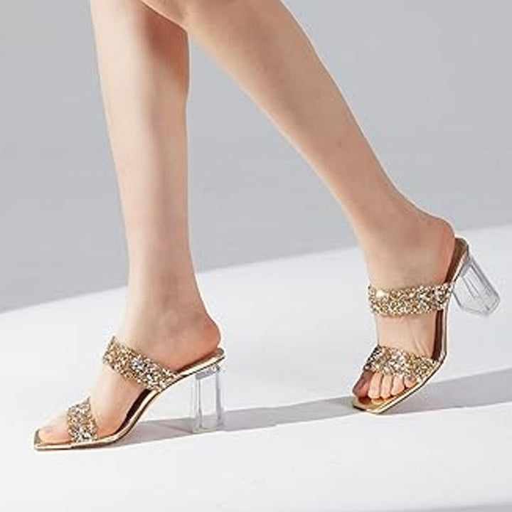 Genshuo Womens Size 9 Gold Silver Sparkle Clear 3.5" Heel Silde On OpenToe Shoes