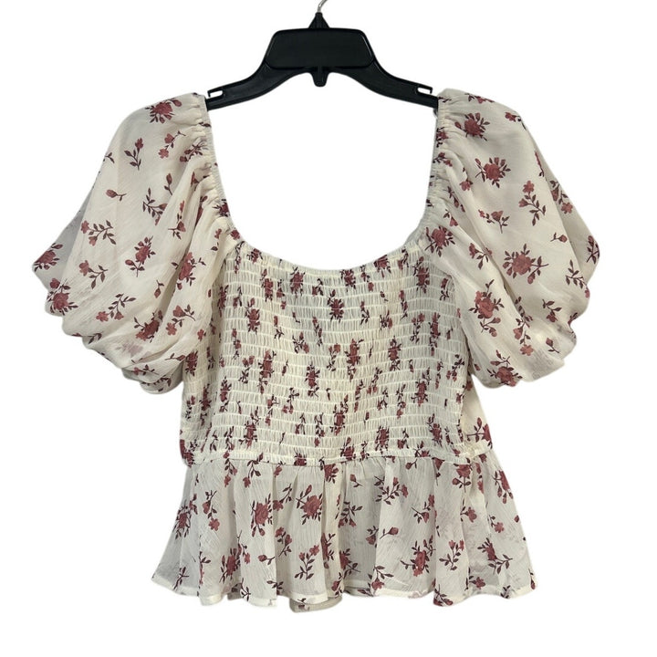 New Francescas Womens Large Cream Pink Floral Boho Blouson Cottage Smocked Top