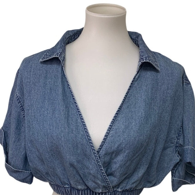 New Aerie Womens Small Short Sleeve Collared Deep V Neck Stretch Denim Top