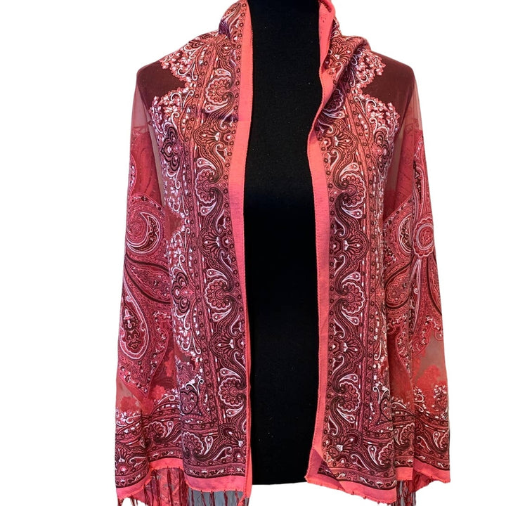 New Pink Floral Paisley Silver Glitter Fringed Sheer Lightweight Fashion Scarf