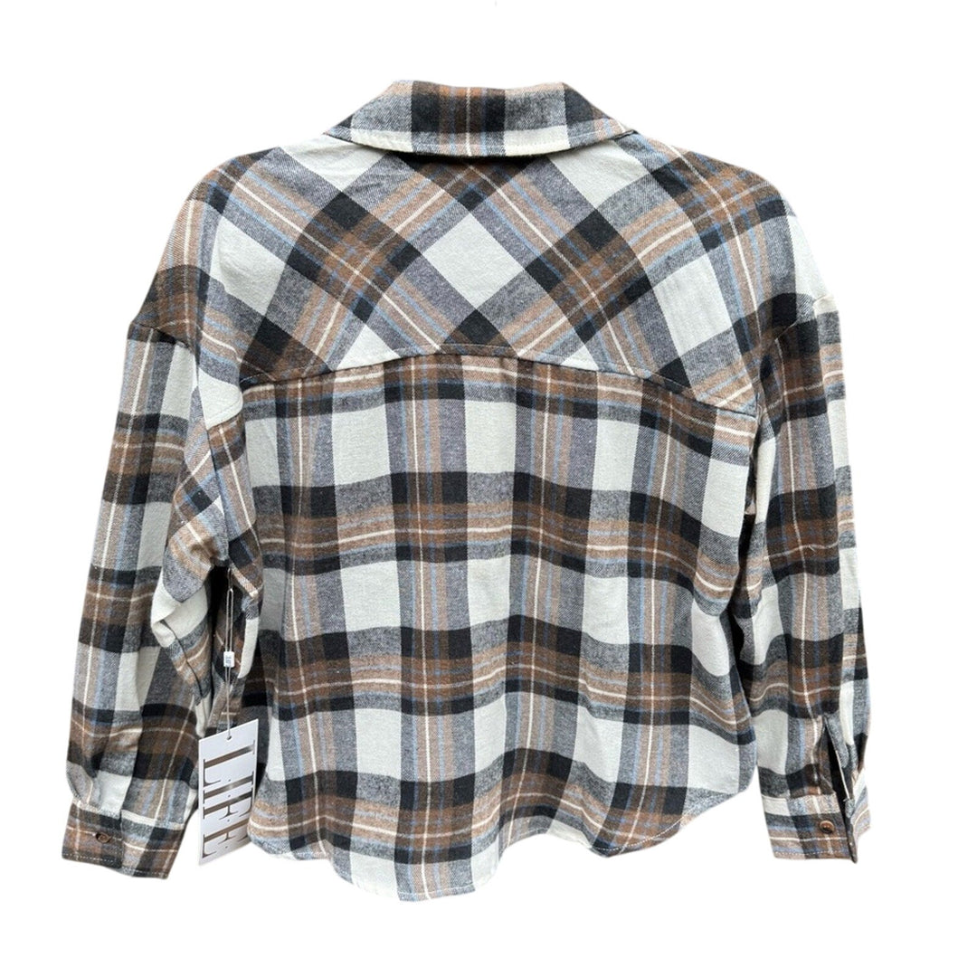 NWT New Life Womens Small PolyCotton Plaid Long Sleeve Cropped Button Up Shirt