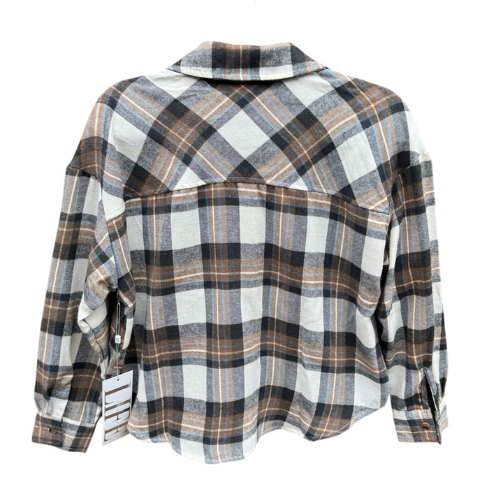 NWT New Life Womens Small PolyCotton Plaid Long Sleeve Cropped Button Up Shirt
