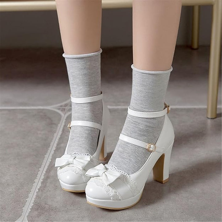 Foreada Womens 6.5 White Lace Bow 3.5" Platform Heel Mary Jane Closed Toe Shoes