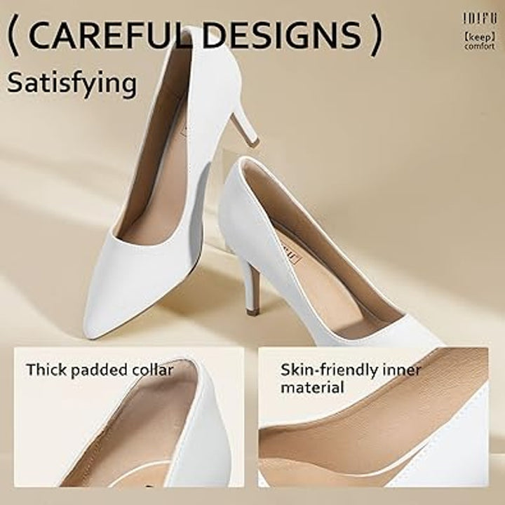 Idifu Womens Size 7.5 White Faux Leather Closed Toe 3" Heel Slide On Pumps Shoes