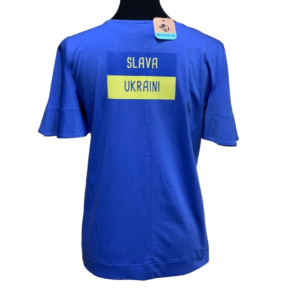 Upcycled Hand Printed Small Ukraine Flag Stork Bird Slava Ukraini Artist Tee
