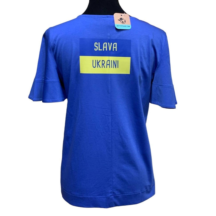 Upcycled Hand Printed Small Ukraine Flag Stork Bird Slava Ukraini Artist Tee
