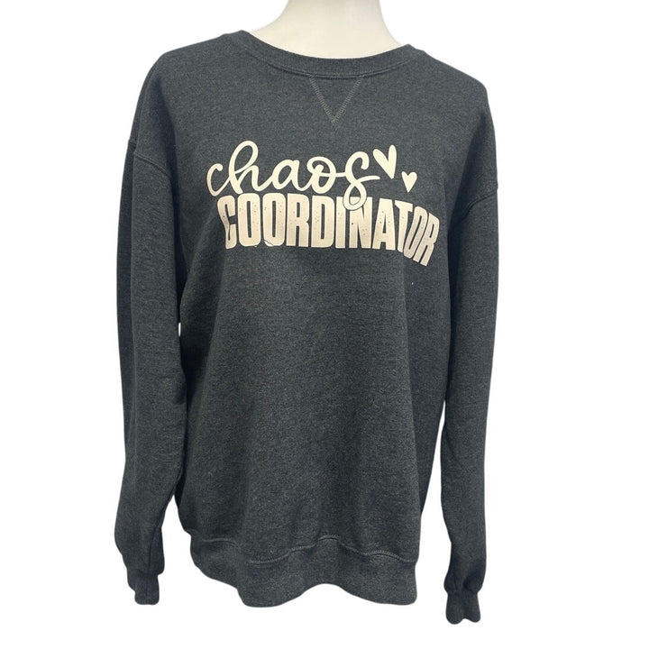 Hand Printed Upcycled Womens Large Chaos Coordinator Long Sleeve Sweatshirt