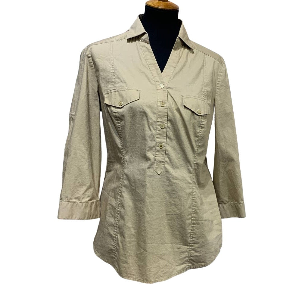 New York &amp; Company Stretch Large Tan Fitted Long Sleeve Half Button Down Blouse
