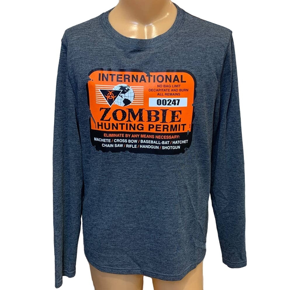 Hand Printed Upcycled Mens XL Halloween Zombie Hunting Permit Long Sleeve Tee