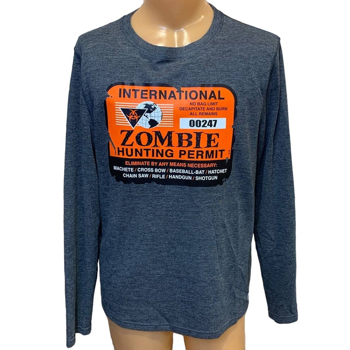 Hand Printed Upcycled Mens XL Halloween Zombie Hunting Permit Long Sleeve Tee