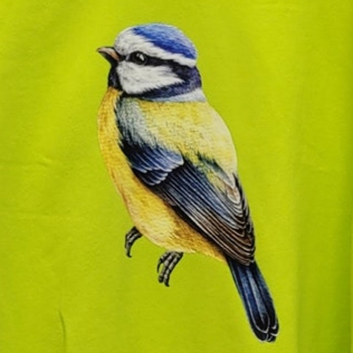 Hand Printed Mens XXL Neon Yellow Blue Wild Bird PolyCotton Crew Neck Sweatshirt