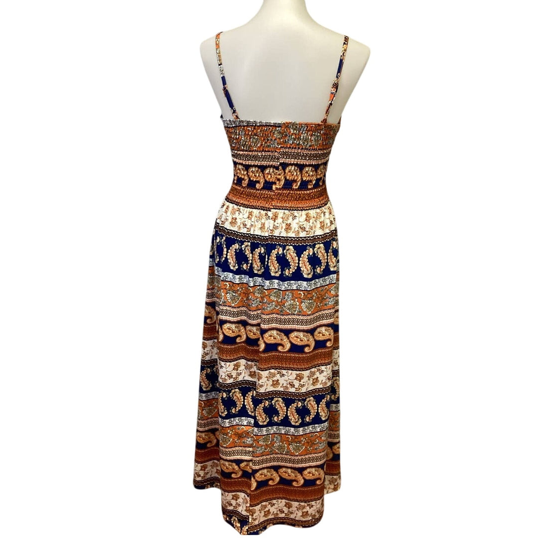 Bobbie Brooks Womens Medium Boho Paisley Floral Print Strappy Deep V Maxi Dress