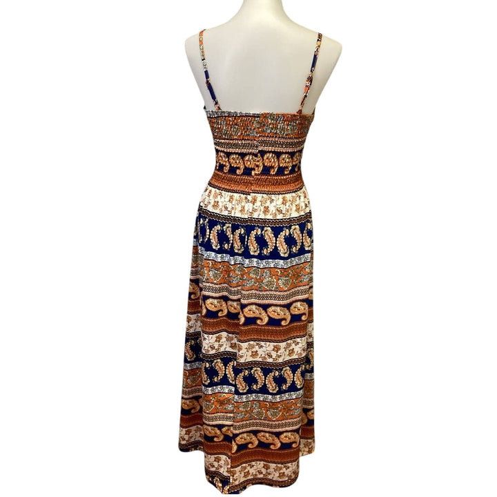 Bobbie Brooks Womens Medium Boho Paisley Floral Print Strappy Deep V Maxi Dress