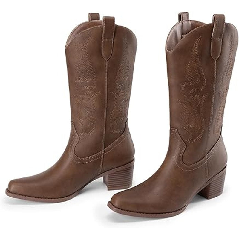 Dream Pairs Womens Size 8 Brown Faux Leather Embroidered 2.5" Heel Cowboy Boots