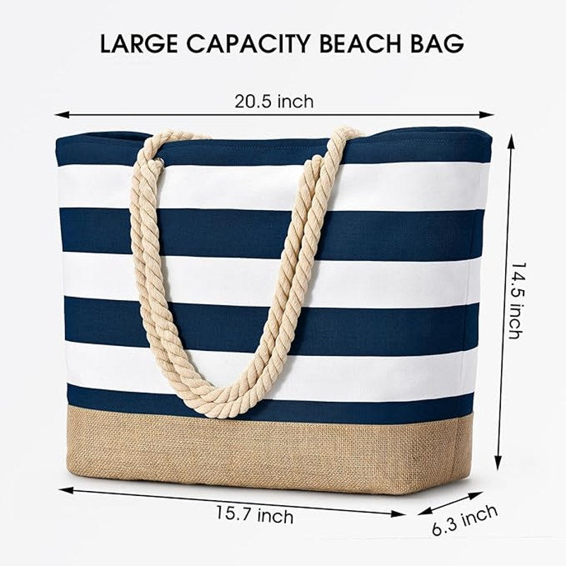 Becokan Womens Large Striped Canvas Waterproof Sandproof Beach Tote Bag euc