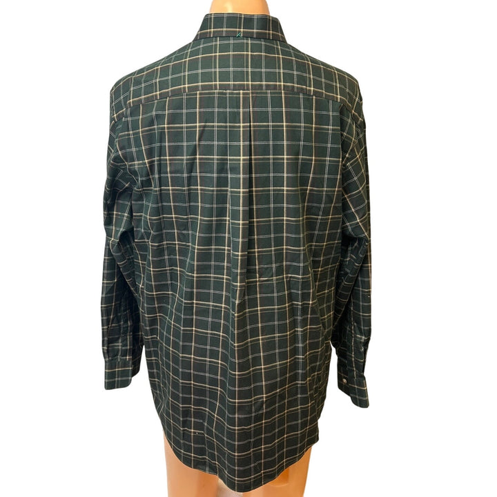 Hand Printed Upcycled Mens Large Cardinal Red Bird Plaid Button Down Shirt