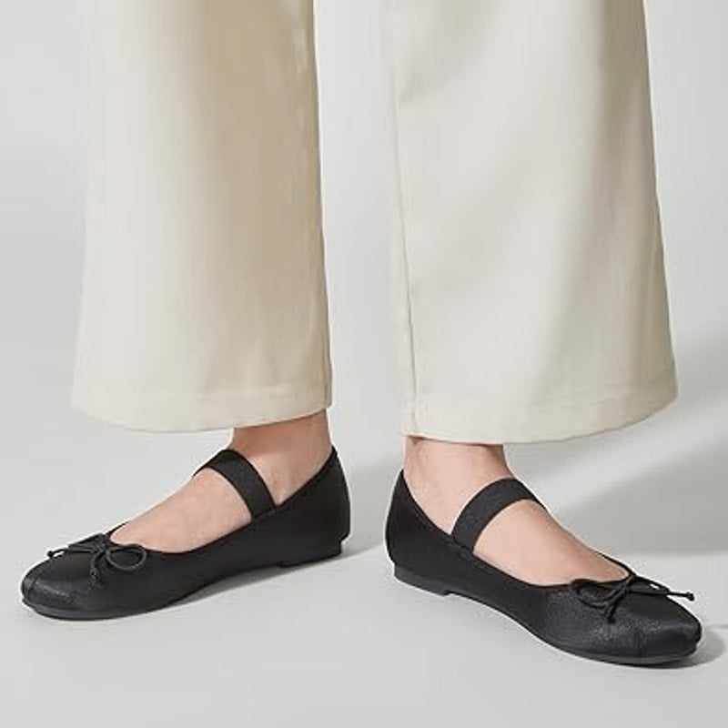 Trary Womens 6 Black Satin Elastic Strap Bow Slide On Closed Toe Ballet Flats