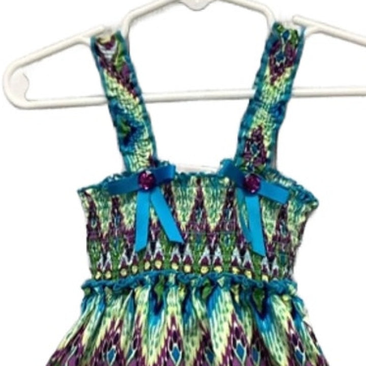 Youngland Girls 2T Ruched Strappy 100% Cotton Halter Dress Ribbons Bows Beads