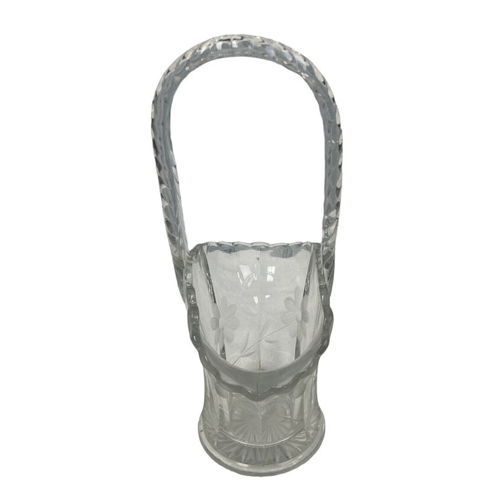 Vintage Clear Glass Floral Etched Trinket Tabletop Flower Basket w Handle